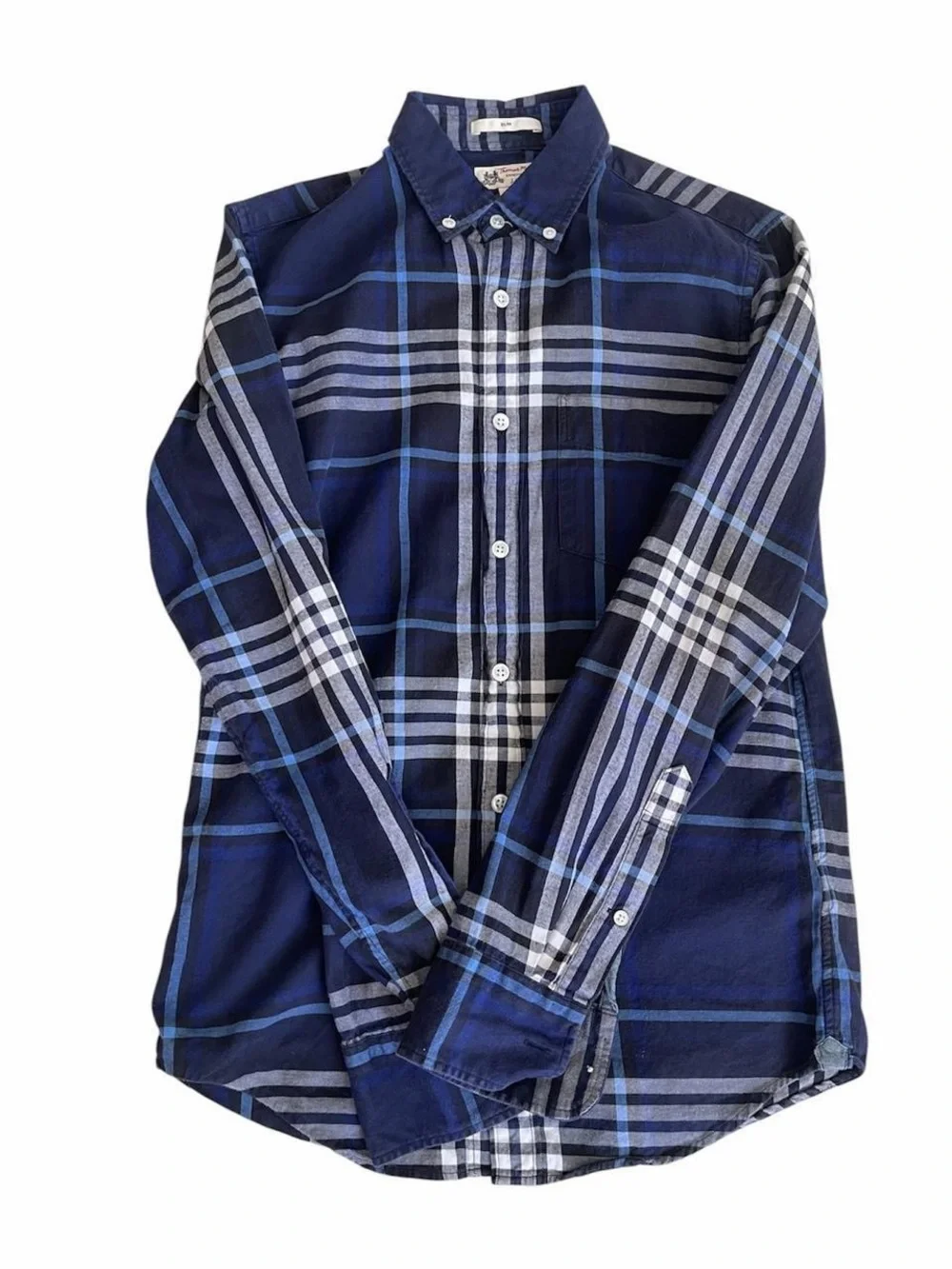 J.Crew Thomas Mason Slim Fit Blue Plaid Cotton Shirt (XS)